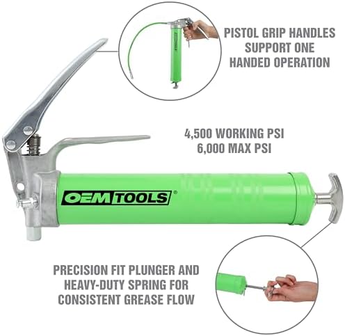OEMTOOLS 87203 Pistol Grip Grease Gun with 18" Hose and Coupler, Grease Gun Kit, Grease Gun with Flexible Hose, Auto Grease Gun, 6000 Maximum PSI