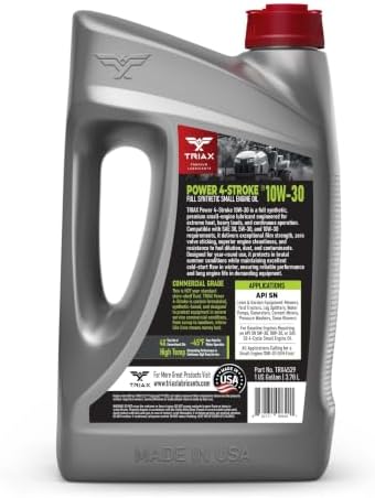 TRIAX Power 4-Stroke 10W-30 Full Synthetic 4-Cycle Small Engine Motor Oil | For Lawnmower, Generator, Tractor, Log Splitter, Snow Blower, Pressure Washer, Cement Mixer, and More (1 Gallon)
