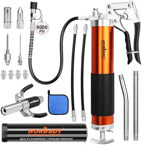 18-Piece 8000PSI Heavy Duty Grease Gun Kit with 14oz Grease, 2x11" Hoses, Flex Hose, Extension Pipes, Lock Coupler, Injector, Sharp Nozzle for Vehicle, Farm, Workshop, Marine, Easy Operation Tool