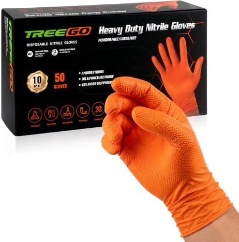 TREEGO 10 Mil Heavy Duty Orange Nitrile Mechanic Gloves, 50 Count L