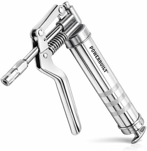 Powerbuilt Mini Pistol Grip Grease Gun with 6 Inch Extension Pipe Attaches at 0 or 90 Degrees, Push Button Air Bleeder Valve; Uses Standard 3 Ounce Cartridges - 648755