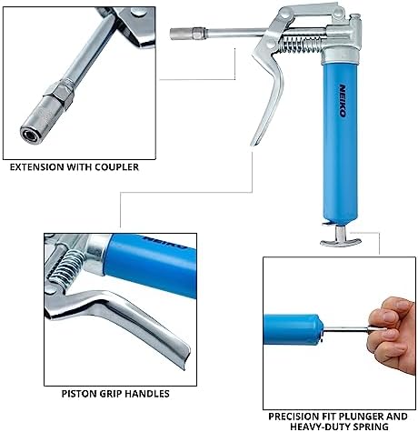 Neiko 12012A Mini Grease Gun, Heavy Duty Pistol Grip Greaser, 4500 PSI, Mini 3oz Grease Cartridges for Grease Gun, Grease Gun with Zerk Fitting, 5.75” Straight Extension, Small Grease Gun Kit