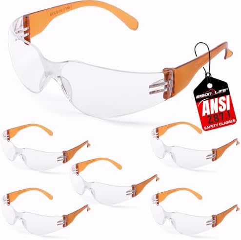 BISON LIFE Clear/Orange Safety Glasses for Men & Women, ANSI Z87.1, 6 Pack