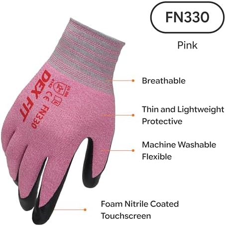 DEX FIT Nitrile Work Gloves FN330, 3D Comfort Fit, Touchscreen Grip Gloves for Warehouse, Construction, Package Handling, Delivery & General Work, Men & Women, Pink, S, 1 Pair