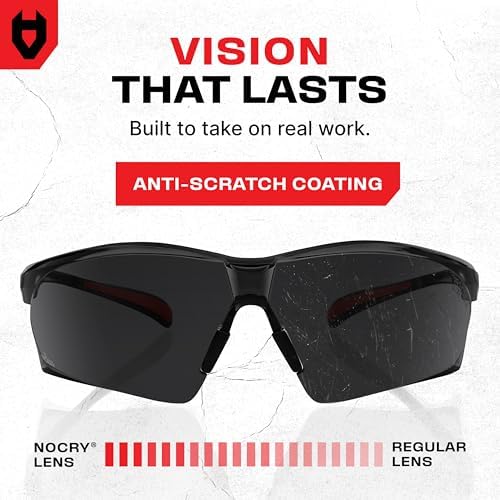 NoCry Work and Sports Safety Sunglasses with Green Tinted Scratch Resistant Wrap-Around Lenses and No-Slip Grips, UV 400 Protection. Adjustable, Black & Red Frames (10 pack)