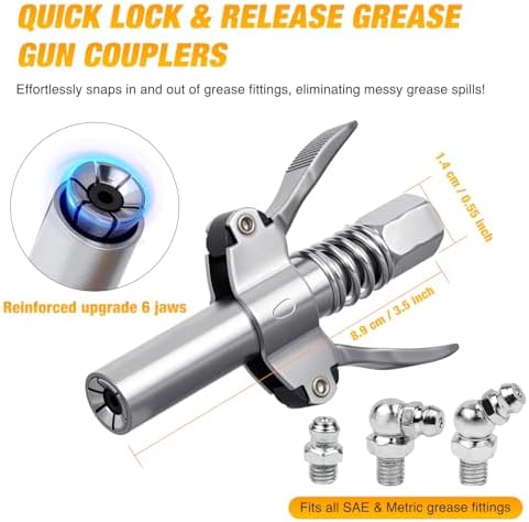 GOOACC Grease Gun Coupler Double Handle Grease Gun Tips 12000 PSI High Pressure 6 Thickened Jaws Quick Lock Grease Coupler Compatible with 1/8" NPT Grease Gun Fitting for Automobiles Ships Machinery
