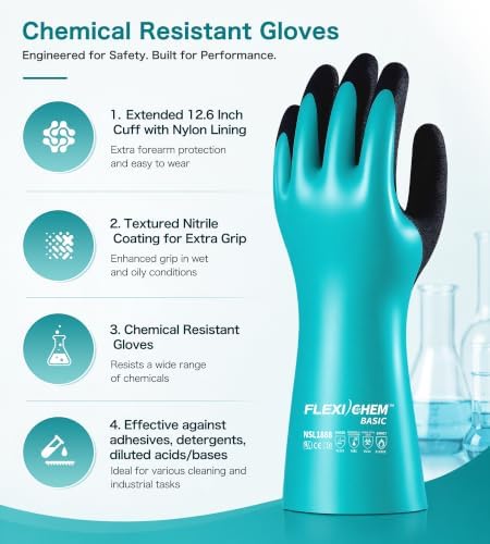 JDL Heavy-Duty Nitrile Chemical Gloves with Nylon Lining, Black Sandy Finish, Reusable Rubber Work Gloves, Acid/Alkali/Oil Protection, Non-Slip, Large