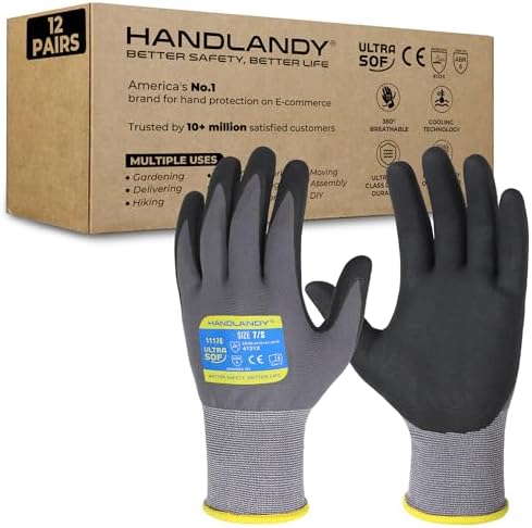HANDLANDY 6 Pairs Safety Work Gloves with MicroFoam Nitrile Coated - Breathable Nylon Gloves with Grip for Men & Women