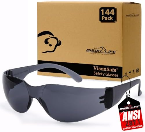 BISON LIFE Black Safety Glasses for Men & Women, Bulk, ANSI Z87.1, 144 Pack