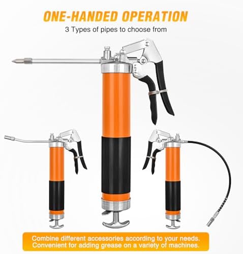 GOOACC Grease Gun 8000 PSI Heavy Duty 14oz Pistol Grip Grease Gun Kit with 18" Spring Flex Hose Sharp Type Nozzle Normal Coupler Rigid Pipe Manual Grease Guns for Greasing Automotive Marine, Orange