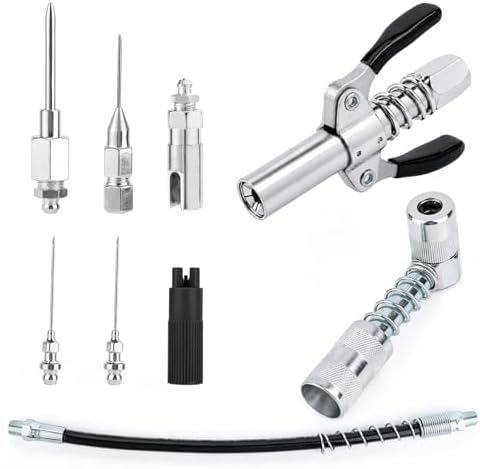 Grease Gun Accessory Kit, Grease Gun Nozzle, Hose, Cleaner, 90 Degree Coupler Adapter, Needles (2 Fine + 1 Coarse) & Needle Tip & Embedded Nozzle Fittings Attachment for Automotive Heavy Machinery