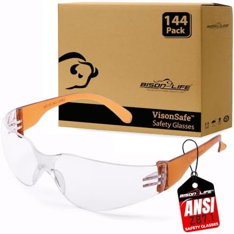BISON LIFE Clear/Orange Safety Glasses for Men & Women, ANSI Z87.1,144 Pack