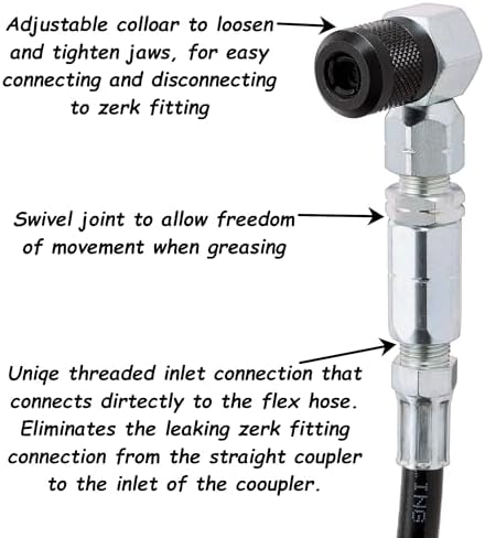 Slippery Pete 90 Degree Grease Gun Coupler - 18 Inch Flex Hose, Threaded Connection, Swivel Head, Grease Gun Fittings Compatible, 31mm Length Head for DIY Mechanics, Garage and Auto Mechanics