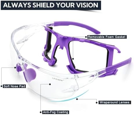 UKNOW Safety Glasses - Anti Fog Wraparound Lenses - Removable Foam Gasket - ANSI Z87.1 Protective Eyewear - Impact Resistant