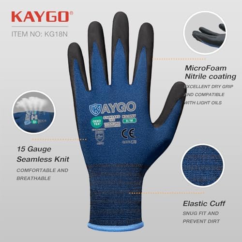 KAYGO Safety Work Gloves, MicroFoam Nitrile Coated, Men Women,KG18N