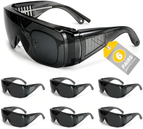 6 Pack Tinted Safety Glasses Over Eyeglasses, Anti-Scratch Impact Resistant Protective Eyewear for Men Women, ANSI Z87.1 Safety Goggles for Construction, Lab, Work