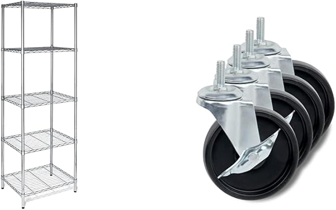 Honey-Can-Do SHF-01054 5-Tier Chrome Shelving Unit, 250 lbs & SHF-01939 4-Inch Caster Roller Wheels for HCD Shelving Unit, Set of Four,Black