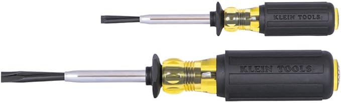 Klein Tools 85153K Slotted Screw-Holding Screwdriver Set, 3/16-Inch, 1/4-Inch Split-Blade Flat Head Driver, Positive Gripping Action, 2-Piece