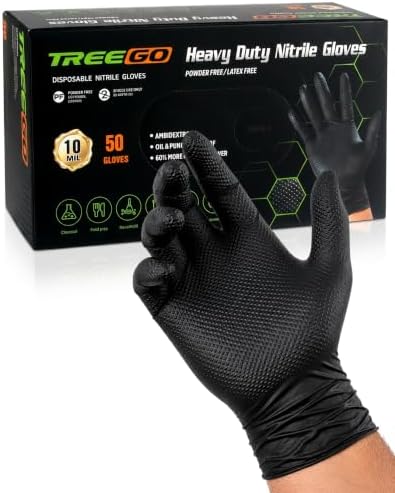 TREEGO 10 Mil Heavy Duty Black Nitrile Mechanic Gloves, 50 Count L