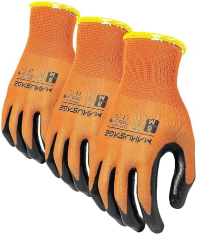 MANUSAGE Safety Work Gloves for Men and Women - Nitrile With Touchscreen Fingers and Grip - Mechanics Gloves (Size XL, Orange, 6-Pairs)