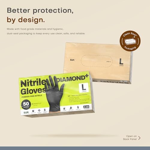 SUPER+ HEAVY DUTY Nitrile Gloves 8 Mil Diamond Texture Disposable Chemical Resistant Powder &Latex Free Food Safe Black 50 Ct