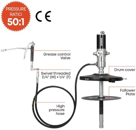 PROLUBE 50:1 Air Operated Grease Pump Complete Kit for 5 Gallon Pails, Heavy-Duty Pneumatic Dispenser with Hose & Control Valve, Industrial Lubrication (45415)