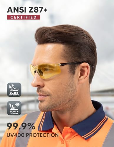 Safety Glasses 3 Pack Amber Tinted: ANSI Z87.1 Certified Anti-Scratch Polycarbonate Lens UV Protection for Construction & Cycling, Woodworking & Lab Lightweight Sofety Nose Pad Unisex