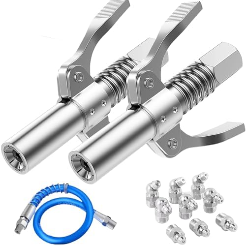 Grease Gun Coupler Quick Lock and Release Lube Grease Gun Tip 2PCS+12''Grease Gun Tube+9PCS Grease Nipple Nozzle Ends Kit M6-M10 Compatible with All Grease Guns 1/8" Npt 10000PSI