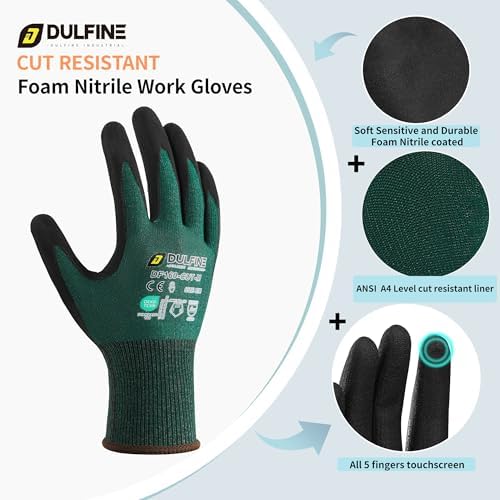 DULFINE A4 Cut Resistant 6 Pairs Pack Work Gloves for Men & Women Green L