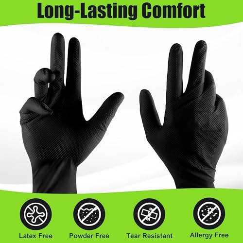 TREEGO 10 Mil Heavy Duty Black Nitrile Mechanic Gloves, 50 Count XL