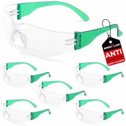 BISON LIFE Clear/Green Safety Glasses for Men & Women, ANSI Z87.1, 6 Pack