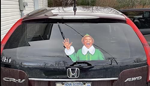Jolly Elf Waving Arm Wiper Blade Decal for Christmas and Winter. WiperTags Attach to Rear Vehicle Wiper Blades and Waves When the Wiper is Turned on. Made in USA.