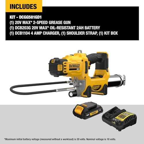 DEWALT Grease Gun 20V MAX, 10,000 PSI Variable 2-Speed Cordless Grease Gun, Oil Resistant Battery and Charger Included, 47 Inch Hose, LED Light and Kit Box (DCGG581GD1)