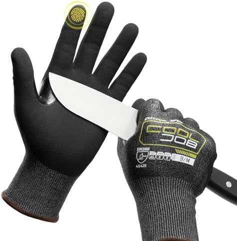 COOLJOB A5 Fiberglass Free Cut Resistant Gloves for Men, Touchscreen, Grip Nitrile Coated, No PFAS, Non Slip, Soft & Durable