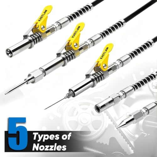 KRETLAW Grease Gun, 7000 PSI Heavy Duty Professional Pistol Grip Grease Gun Kit 14 OZ with Coupler, Double Grease Injector Needles, 18" & 2pc 12" Flex Hoses and Reinforced Glove, Yellow