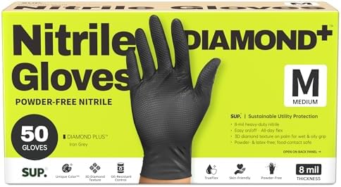 SUPER+ HEAVY DUTY Nitrile Gloves 8 Mil Diamond Texture Disposable Chemical Resistant Powder &Latex Free Food Safe Black 50 Ct