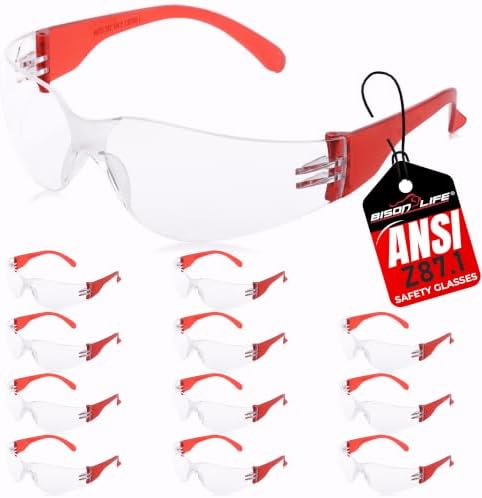 BISON LIFE Clear/Red Safety Glasses for Men & Women, ANSI Z87.1, 12 Pack