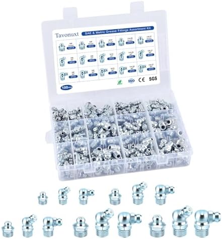 100 PCS SAE & Metric Grease Fittings Kit - Hydraulic Zerk Assortment 1/4" 1/8" M6 M8 M10 with Straight, 45°, and 90° Degree Heads for Automotive and Industrial Use, Galvanized Steel Set