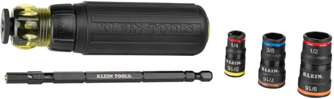 Klein Tools 32910RCHT Impact Driver, 7-in-1 SAE Impact Socket Set with Ratcheting Handle, Flip Socket with 1/4, 5/16, 3/8, 7/16, 1/2 and 9/16-Inch Nut Driver Sizes and 1/4-Inch Bit Holder