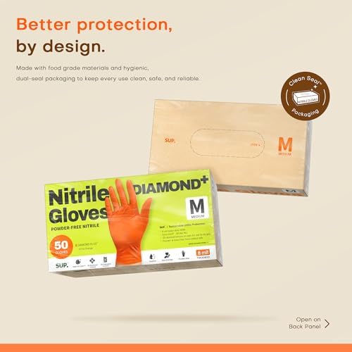 SUPER+ HEAVY DUTY Nitrile Gloves 8 Mil Diamond Texture Disposable Chemical Resistant Powder &Latex Free Food Safe Orange 50Ct