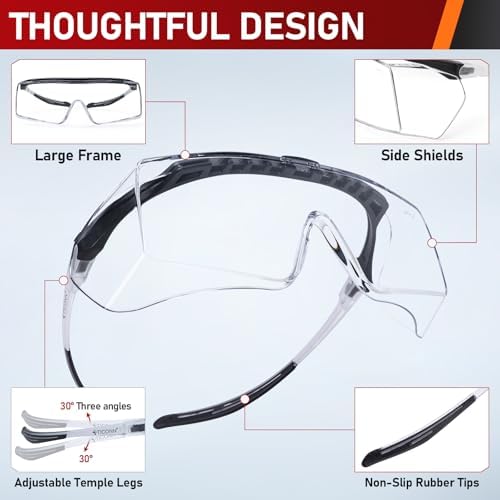 TICONN Safety Glasses Over Eyeglasses for Men Women, Anti-Fog ANSI Z87.1 Eye Goggles with Adjustable Arms and UV Protection