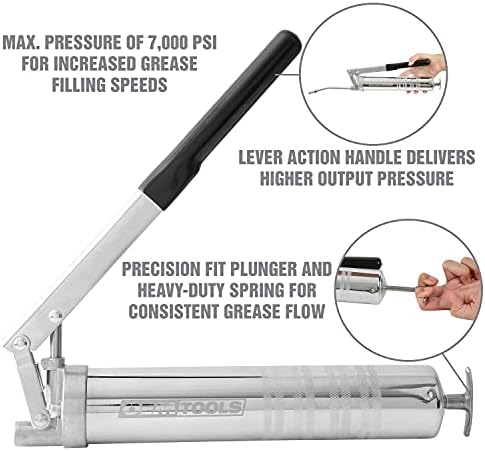 OEMTOOLS 87202 Heavy Duty Dual Pressure Lever Action Grease Gun, 6" Grease Coupler, Grease Gun Kit, Manual Grease Guns, Heavy Duty Cordless Grease Gun