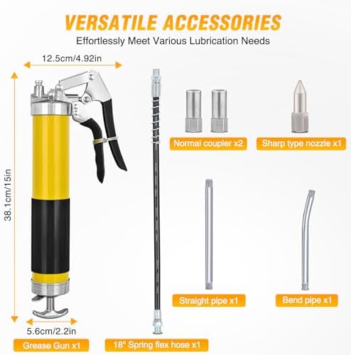 GOOACC Grease Gun 8000 PSI Heavy Duty 14oz Pistol Grip Grease Gun Kit with 18" Spring Flex Hose Sharp Type Nozzle Normal Coupler Rigid Pipe Manual Grease Guns for Greasing Automotive Marine, Yellow