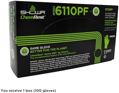 SHOWA 6110PF Sustainable EBT Latex-Free, Powder-Free, Nitrile Disposable Single Use Safety Gloves, 4 Mil, 9.5" Length,(1 Box/100 Gloves), Medium (Pack of 10)