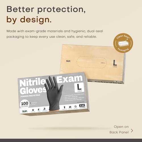 Nitrile+ SUP Exam Plus Gloves, Powder-Free Disposable, Black 100 Count