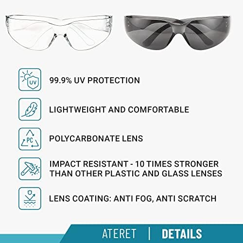 ATERET Protective Polycarbonate Safety Glasses White For Nurses Mechanic Electrician Saftey Glasses Goggles Anti Fog Eye Goggles Safety Protection (144 Pairs, Grey&Clear)