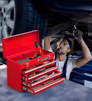 Metal Tool Box with 4 Drawers Portable Steel Tool Chest with Metal Cylinder Lock and Latch Closure, Liner, Red Powder coating, suitable for Garage, Warehouse and Outdoor Repair job