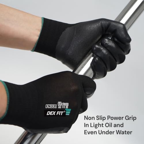 DEX FIT Premium Work Gloves FN331, Thin Nitrile Grip, Black, M, 3 Pairs