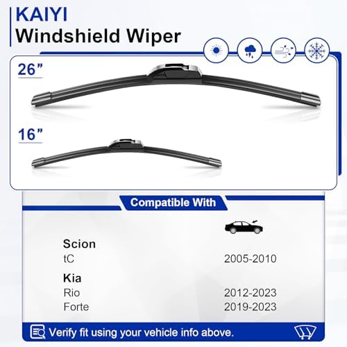 KAIYI 26" + 16" Windshield Wipers Compatible with Kia Forte 2019-2023,Rio 2012-2023,Scion tC 2005-2010 Premium Automotive Replacement Windshield Wiper Blades 2 Pack