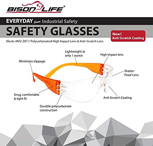 BISON LIFE Clear/Orange Safety Glasses for Men & Women, ANSI Z87.1, 12 Pack